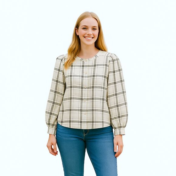 Wilfred Free Puff Sleeve Button front plaid Top - Picture 1 of 11